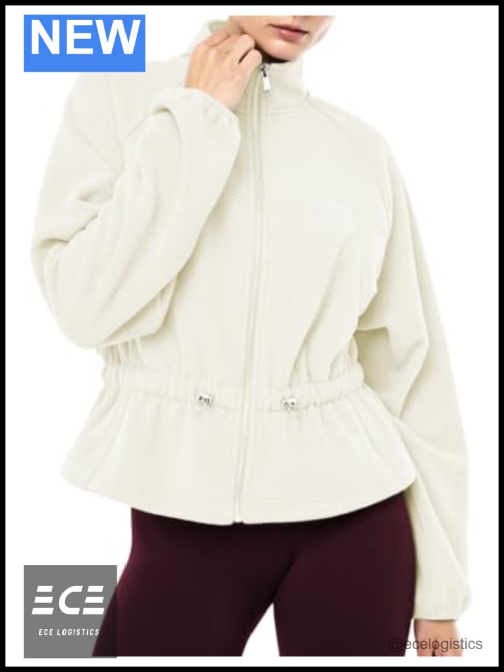 Women Polar Fleece Funnel Neck Jacket Drawstring Waist Zip Outdoor Warm